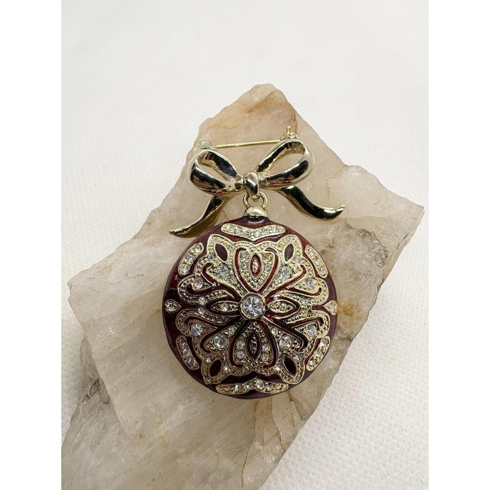 Vintage MONET Red Enamel Christmas Ornament Brooch‎ Gold Tone Rhinestone Bow Pin